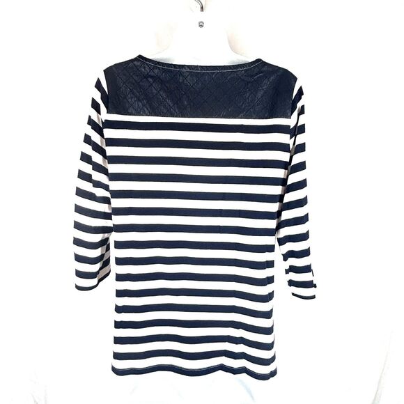 Tommy Hilfiger L Knit Top Faux Leather Yokes Navy Blue White Stripes 3/4 Sleeve - Picture 4 of 8